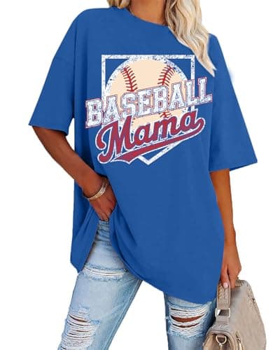 Retro Baseball Mama Shirt Women - Oversized Baseball Season Game Day Shirts Graphic Print Casual Short Sleeve Tee Tops Blue - Image 1