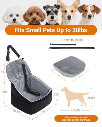 NUPIDA Dog Car Seat for Small Dogs, Dog Booster Seat with Extendable Backrest, Pet Car Seats up to 30 lbs, Washable Removable Cover Travel Bed with Storage Pockets and 2 Safety Leashes, Black&Grey - Thumbnail 4