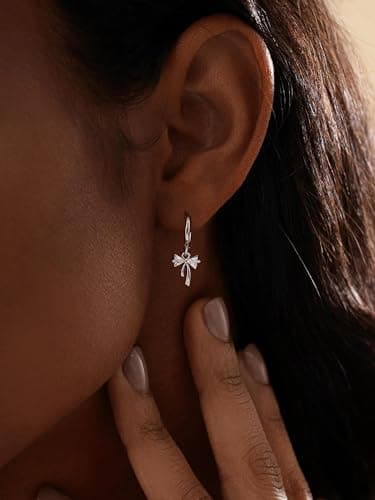Dangle Earrings for Women Silver Cubic Zirconia Hoop Earrings Dainty Bow Diamond Drop Earring Wedding Jewelry for Brides - Thumbnail 2