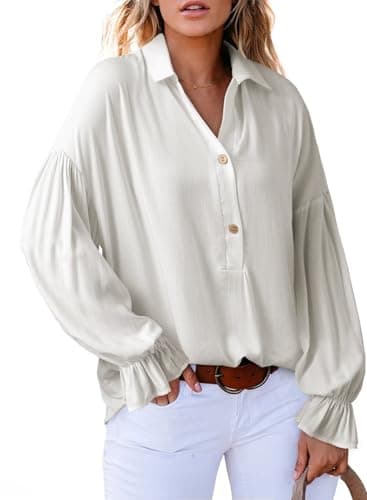 Astylish Women's Dressy Casual Blouses Business Work Linen Tunic Spring Summer Tops Beach Cute Long Lantern Sleeve V Neck Button-Down Henley Shirts White Small - Image 1