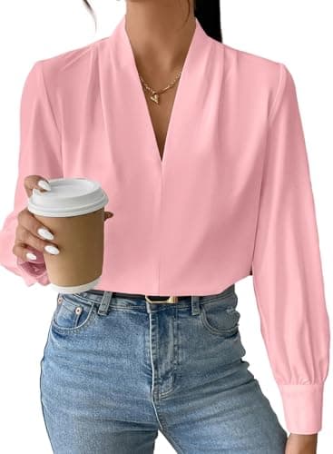 EVALESS Women Blouses Interview Shirts Womens Long Sleeve Blouses V Neck Office Shirts Business Professional Top Summer Dressy Casual Outfits Tshirts for Women B Pink Medium - Image 1