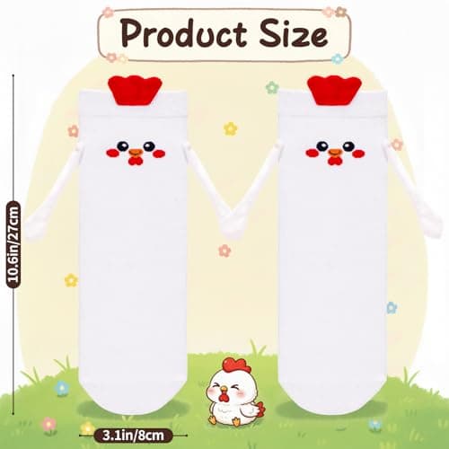 FunisFun Chicken Socks with Magnetic Holding Hands Funny Animal Crazy Socks for Women Ideal Gifts for Girls Teens (US, Alpha, One Size, Regular, Regular, White&Red) - Thumbnail 3