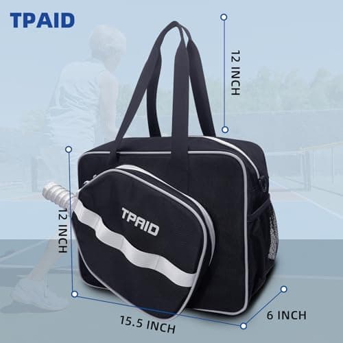 TPAID Pickleball Bag with Shoes & Wet Pocket, Court Bag for 2 Paddles, Black - Thumbnail 2