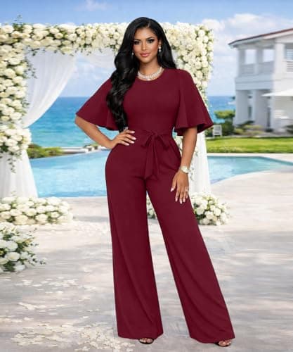ABKY Jumpsuits For Women Dressy Batwing Sleeve Belted Wide Leg Romper Formal Wedding Evening Party Jumpsuit One Piece Outfits Burgundy M - Thumbnail 4