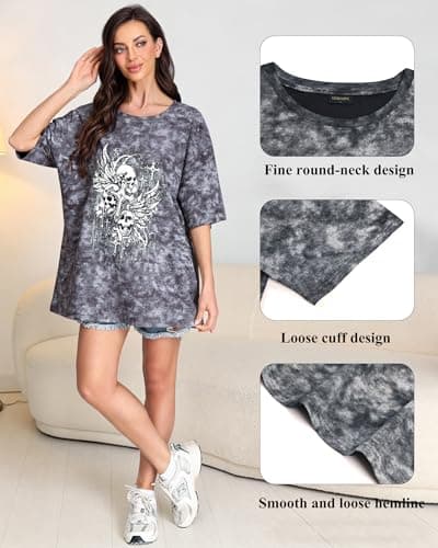 Women's Skull Wings Tee, Vintage Washed Gothic T-Shirt with Casual Crewneck Short Sleeve Top, Relaxed Fit Streetwear Shirt - Thumbnail 4