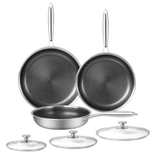Innerwell 6 Piece Stainless Steel Frying Pan Set with Lids Cookware Set Nonstick Honeycomb Frying Pan Set 3pcs W/Stay Cool Handle Skillet Works Pan for Cooking with Induction Gas Stovetops - Image 1