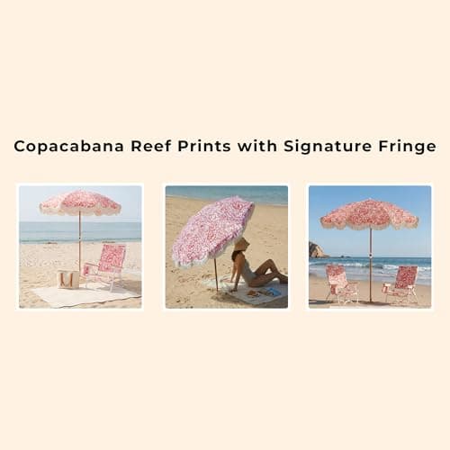 DEER LAND 6FT Fringe Beach Umbrella for Sand, Boho Coastal Patio Umbrella with Tassels, UPF 50+ Sun Protection, Tilt, Carry Bag for Beach Vacation & Pool, Reef Crimson - Thumbnail 5