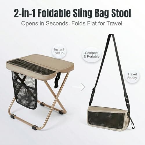 Acaine Foldable Sling Bag Stool with Storage Pocket, Heavy Duty Seat Supports 280 lbs, Non-Slip Feet, Easy Setup Ultralight Chair for Hiking, Fishing, Camping & Festivals (Black) - Thumbnail 3