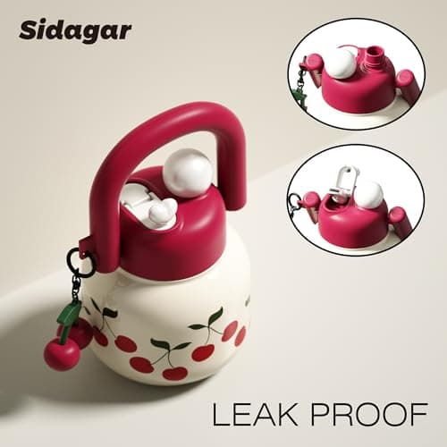 Sidagar 22 oz Tote Water Bottle with Straw and Carry Handle, Wide Mouth Vacuum Insulated Stainless Steel Tumbler, Travel Water Jug for Women Easy Carry, Cherry - Thumbnail 3