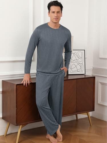 RQP Mens Pajama Set Soft Pijamas Sets for Men Long Sleeve Full Length Pants Pjs Sleepwear,Slate Grey - Thumbnail 2