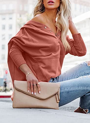 PRETTYGARDEN Womens Long Sleeve Casual Button V Neck Hoodies Oversized Pullover Sweatshirt Loose Hooded Tops with Pockets (Orange Pink,Medium) - Thumbnail 3