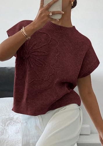 PRETTYGARDEN Women's 2026 Spring Sweater Vest Trendy Flower Knit Short Sleeve Cute Pullover Tank Tops Summer Fashion Clothing (Red Brown,X-Large) - Thumbnail 2