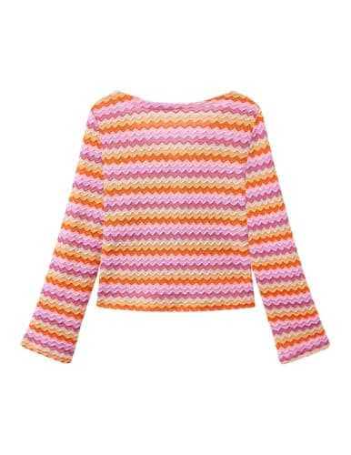 ZAFUL Swimsuit Coverup Shirt for Women Crochet Cardigan Bathing Suit Cover Up Long Sleeve Cover Ups Top Zigzag Orange M - Thumbnail 5