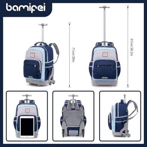 BAMIFEI 18 Inch Blue Rolling Backpack for Kids Climb Stairs Backpacks Kids Backpack Carry On Wheeled School Backpack, Spacious Multiple Compartments Reflective Strip Travel Backpack - Thumbnail 4