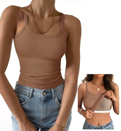 GKBK Women's Sleeveless Built in Bra Tank Top Form Fitting Scoop Neck Ribbed Knit Basic Padded Cami Shirts Brown L - Image 1