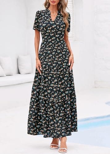 KIRUNDO Womens Summer Floral Maxi Dress Short Sleeve V Neck Boho Long Flowy Casual A Line Dresses 2026 Beach Vacation Outfits(Black Yellow Flower, Small) - Thumbnail 5
