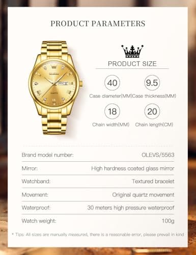OLEVS Gold Watches for Men Luxury Wrist Watches for Man Waterproof Large Face Mens Watch Golden Stainless Steel Dress Dimond Day Date Simple Classic Analog Quartz Casual Relojes para Hombres - Thumbnail 4