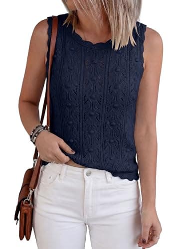 BTFBM Crochet Tank Tops for Women Hollow Out Sleeveless Loose Sweater Vest Top Summer Spring 2026 Beach Vacation Clothes(Navy Blue, Large) - Thumbnail 5
