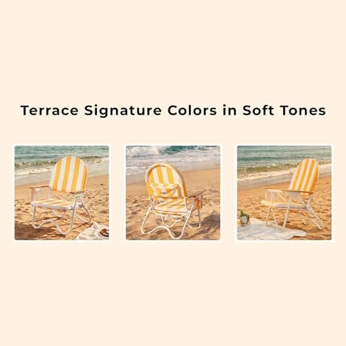DEER LAND Padded Low Beach Chair, 4-Position Folding Outdoor Chair with Wooden Armrests, Cushioned Seat, Storage Pouch & Carry Strap for Beach, Patio and Lawn, Cala Serena Ochre Stripe - Thumbnail 6