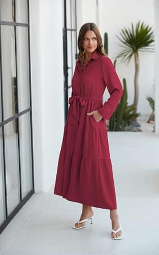 ECOWISH Women's Maxi Shirt Dress - 2026 Long Sleeve Button Casual Fall A-line Work Tiered Dresses with Belt and Pockets Wine Red X-Large - Thumbnail 6