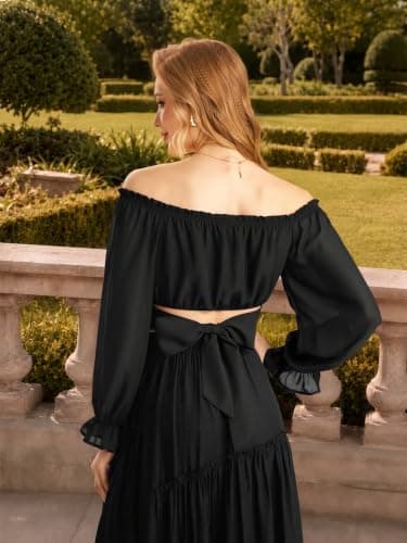 Women Off the Shoulder Crop Tops Long Sleeve Shirt Blouse Black S - Thumbnail 6