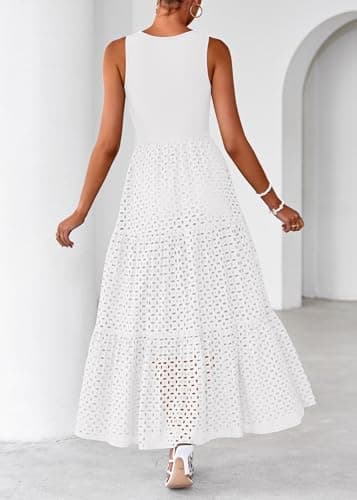 Lazysmile Womens Summer Dresses Crewneck Sleeveless A-Line Hollow Out Eyelet Tiered Tank Maxi Dress Sundress with Pockets White - Thumbnail 2