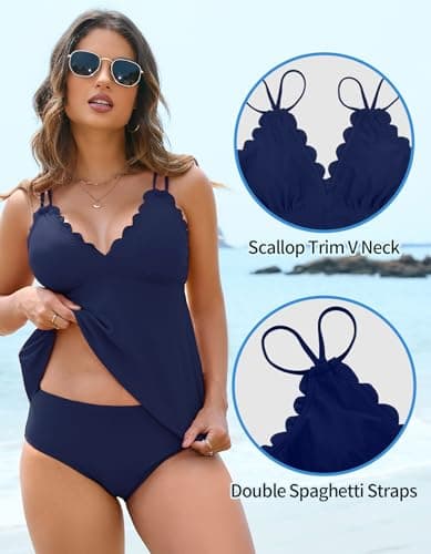 ANFILIA Flowy V Neck Tankini Top with Bottom Two Piece Scallop Trim Tankini Swimsuits Tummy Control Swimwear for Women Deep Blue - Thumbnail 4