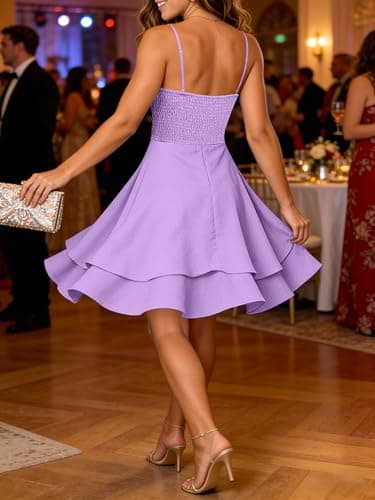 Caracilia Dresses for Women Summer Spaghetti Strap Tiered Cocktail Party Teen HOCO Short Mini Dresses Casual Formal Outfits Light Purple X-Small - Thumbnail 4