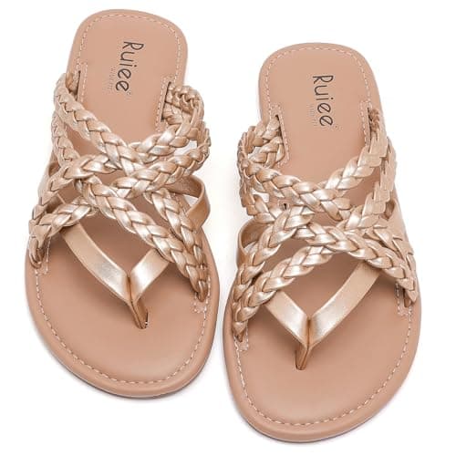 Ruiee Wide Width Sandals for Women, Summer Flip Flops Wide Feet Flat Slides Casual Braided Comfort Slip on Breathable Cute Sandal. 258009 Gold Size11 - Thumbnail 5