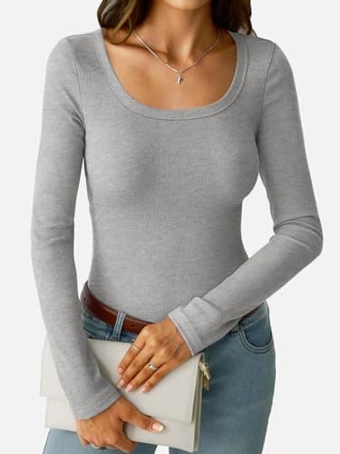 GKBK Women's Long Sleeve Tops Casual Scoop Neck Ribbed Knit Slim Fitted Basic Tee Shirts 2025 Fall Trendy Outfits Gray - Thumbnail 3