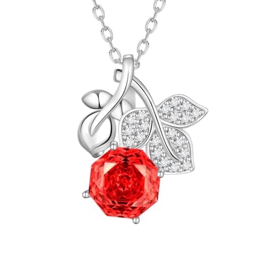 Aurora Tears Birthstone Rose Pendant Necklace - 925 Sterling Silver Rose Cut Cubic Zirconia January Garnet Flower Leaf Necklace Anniversary Birthday Jewelry Gift for Women Wife Mom Daughter DP0389J - Image 1