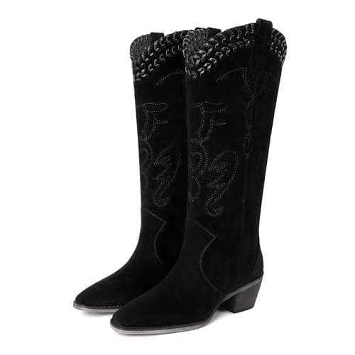 Reitoye Black Cowboy Boots for Women Knee High Cowgirl Boots Embroidered Square Toe Chunky Low Heel Western Boot Pull On Wide Calf Country Boots Size 9 - Image 1