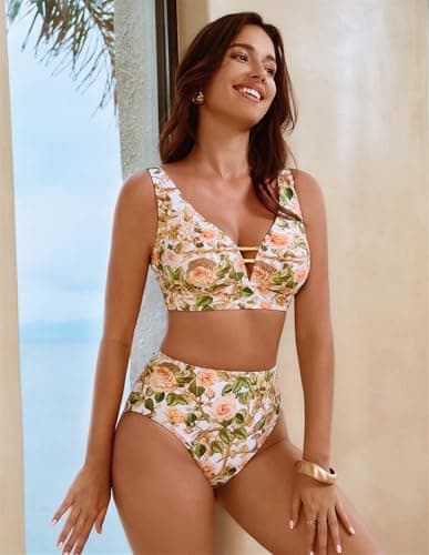Hanna Nikole Womens Bathing Suits Tummy Control High Waisted Bikini Sets Full Coverage Swimsuits Push Up Swimwear Sexy Beach Outfits Yellow Leopard - Thumbnail 3