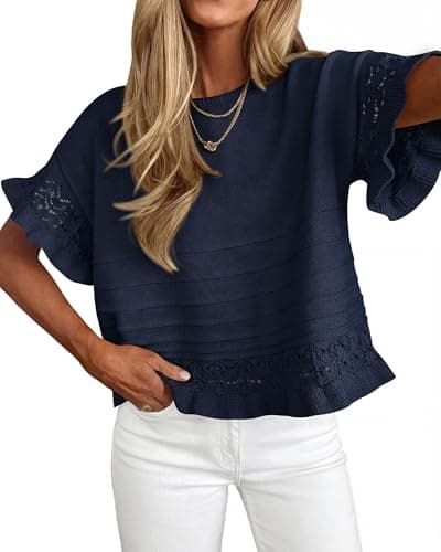 KIRUNDO Short Sleeve Sweater for Women 2026 Spring Summer Tops Crochet Round Neck Ruffled Hem Knit Pullover Casual Blouse(Navy Blue, XX-Large) - Image 1
