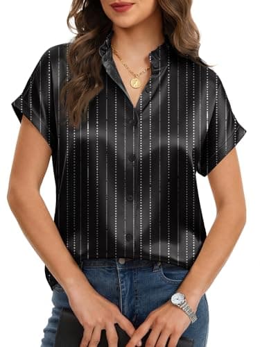 Funlingo Silk Blouse for Women Dressy Casual Striped Short Sleeve Button Down Shirts Summer Ruffle Collared Satin Tops Work Clothes Black Stripe S - Thumbnail 2
