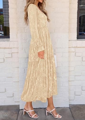 KIRUNDO Spring Wedding Guest Dresses for Women 2026 Maxi Floral Long Sleeve Elegant Ruffle Tiered Flowy Party Long Dress(Beige, Small) - Thumbnail 6