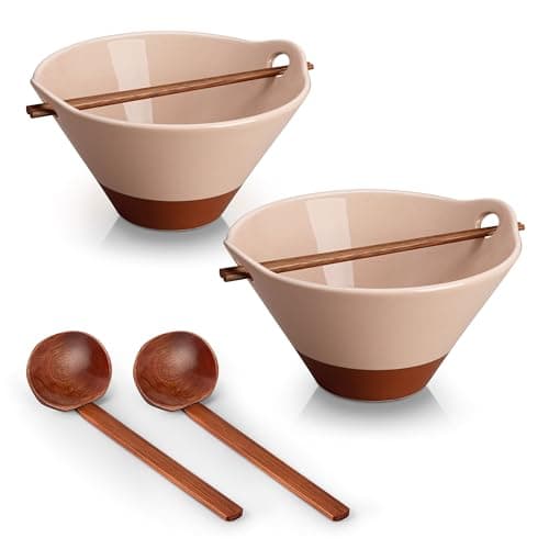 MALACASA 42 oz Ceramic Ramen Bowl Set with Wooden Spoon & Chopsticks, Japanese Style Soup Bowls for Ramen, Pho, Noodles – Set of 2, Microwave & Dishwasher Safe, Series TARA (Pink and Khaki)