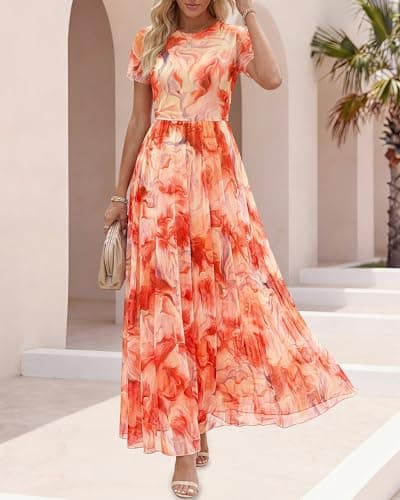 BTFBM Spring Dresses for Women 2026 Formal Short Sleeve Floral Homecoming Dress Maxi Wedding Guest Vacation Outfits(Floral Orange Red,XX-Large) - Thumbnail 2