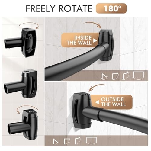Bonpally Curved Shower Curtain Rod for Bathroom, 40-72 Inches Adjustable Curved Shower Rod, 0.9MM Round Shower Curtain Rod with Rotating Brackets for Extra Shower Space, Need to Drill, Black - Thumbnail 4