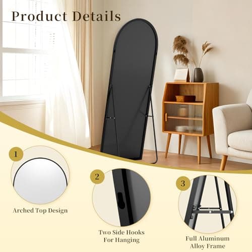 NBGV 59"x16" Floor Mirror Full Length, Arched Full Length Mirror with Stand, Full Body Mirrors for Bedroom Living Room or Cloakroom Black - Thumbnail 3