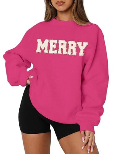 MAPICK Merry Sweatshirt for Women Christmas Fleece Linend Sequin Sweaters Crewneck Oversized Long Sleeve Pullover Tops(Rose Pink,Small) - Image 1