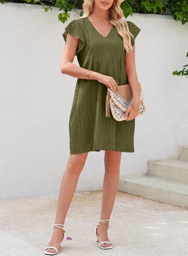 Dokotoo Beach Vacation Clothes for Womens 2026 Summer Casual Short Sleeve V Neck Swing Dress Flowy Cutout Ruffle Dress Trendy Gowns and Evening Dresses Spring Party Dresses Green X-Large - Thumbnail 5