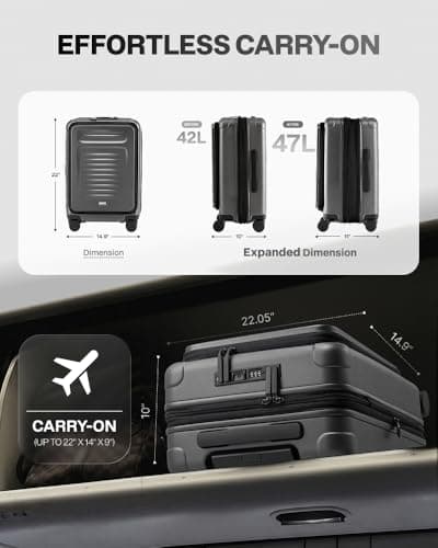 Coolife Carry On Luggage Suitcase : 22x14x9 Airline Approved Travel Luggage with Spinner Wheels, Front Pocket Expandable Hardshell Suitcases with TSA Lock Grey - Thumbnail 3