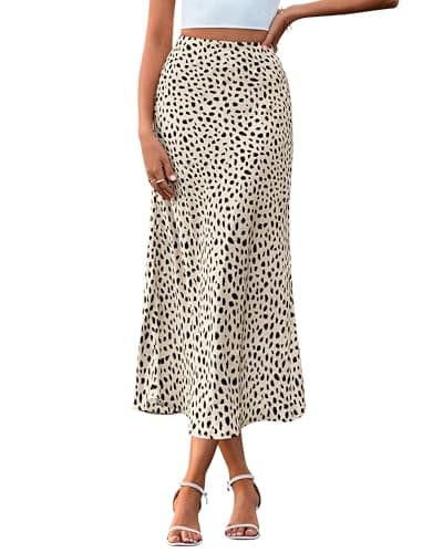 BTFBM Satin Skirts for Women Trendy Spring Summer 2026 High Waisted Leopard Print Cocktail Wedding Long Silk Midi Skirt(Dot Apricot Black, Small) - Image 1