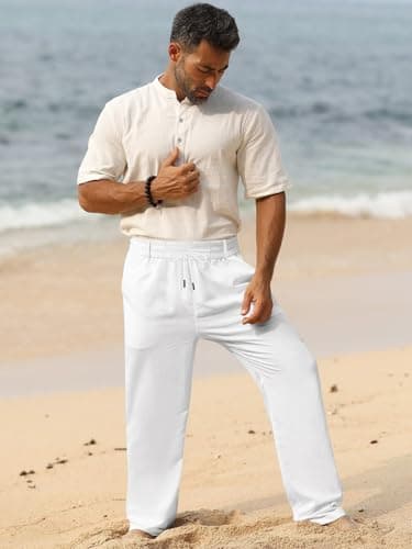 TRFIC Men's Linen Pants 2 Pack Lightweight Drawstring Elastic Waist Loose Fit Straight Leg Beach Yoga Pants with Pockets - Thumbnail 3