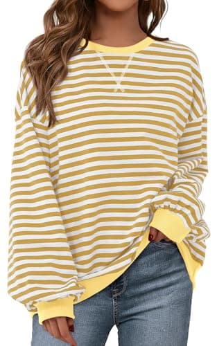 PRETTYGARDEN Women Classic Striped Oversized Crewneck People Dupes Color Block Long Sleeve Casual Sweatshirt Loose Pullover (Yellow White, X-Small) - Image 1