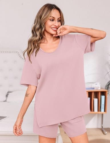 Totatuit 2 Piece Lounge Sets for Women Oversized Tee and High Waist Shorts Summer Matching Outfits Soft Pajama Set for Vacation and Sleep Pink Small - Thumbnail 4