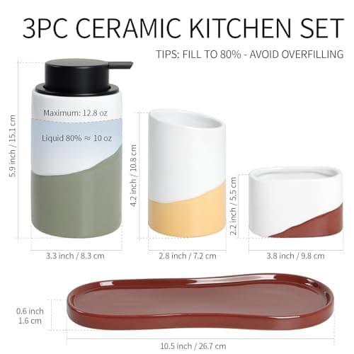 BosilunLife Kitchen Sink Caddy Set – 4-Piece Ceramic Soap Dispenser 12oz with Sponge & Utensil Holders on Drip Tray for Kitchen & Bathroom Countertop Organization (Liquid Pump) - Thumbnail 2
