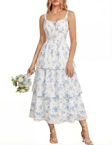 Scarlet Darkness Wedding Guest Dresses for Women 2026 Floral Blue and White Dress Summer Tiered Maxi Dress White & Blue Size 12 - Image 1