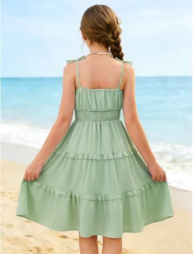 HOZIY Summer Beach Dress for Girls Spring Green Birthday Casual School Cami Midi Dresses Vestidos para Niñas Little Kids Ruched Layered Ruffled Tiered Sleeveless Party Formal Junior Sundress Size 5-6 - Thumbnail 3